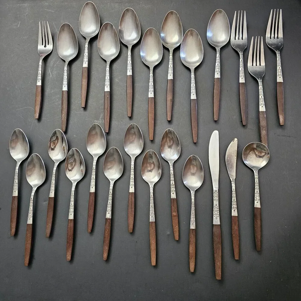 Vtg Interpur INR2 Japan Stainless Steel Faux Wood Handle Silverware Canoe 25 pcs